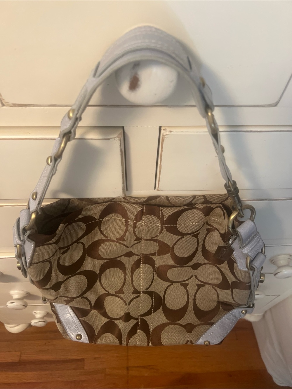 VTG Coach Canvas Handbag with light blue/gray, leather, trim, and gold hardware.